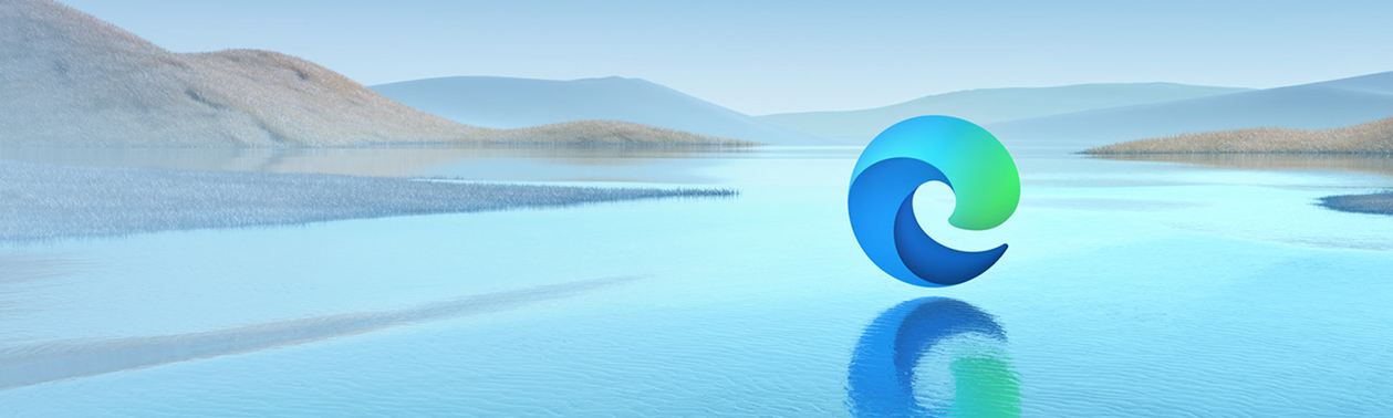 A landscape with the Microsoft Edge logo hovering over water.