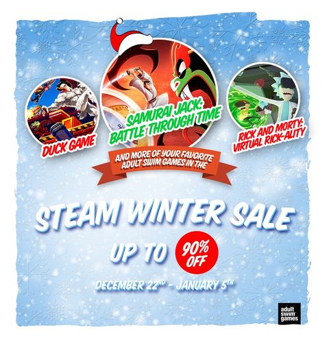 L’image contient peut-être : texte qui dit ’SAMURAI JACK: BATTLETHROUGH/TME TIME DUCKGAME DUCK GAME VIRTUAL AND PRLKORTY AND MORE OF YOUR FAVORITE URTALRICKALY RICK ADULT SWIM GAMES THE STEAM WINTER SALE UP TO 90% OFF DECEMBER 2210 JANUARY 5TH adult games’