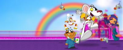 Danger Mouse is on a jet pack in the centre, beside him is Jeopardy Mouse looking at him also jumping. At the front is Penfold holding a remote. They are all in front of a pink castle with a rainbow