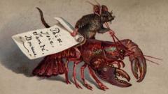 Victorian Christmas card with mouse riding a lobster