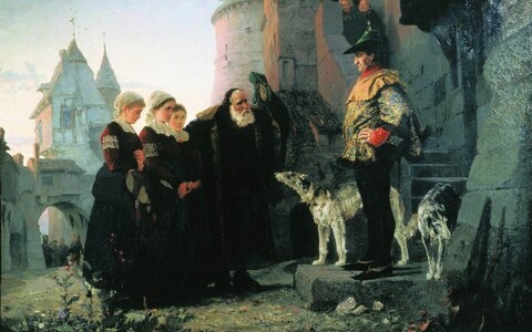 Vana mees toob oma noore tütre feodaalsele isandale. Vasily Polenovi “Le droit du Seigneur“ (1874).