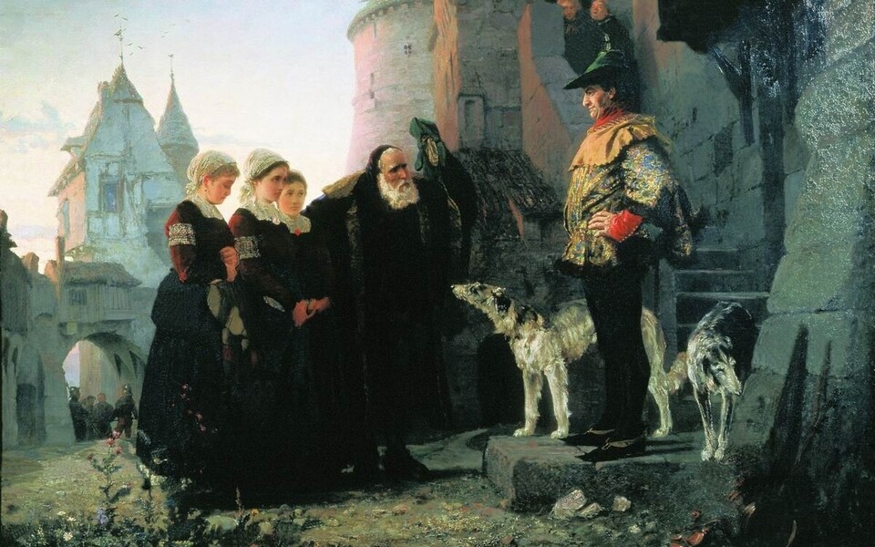 Vana mees toob oma noore tütre feodaalsele isandale. Vasily Polenovi “Le droit du Seigneur“ (1874).