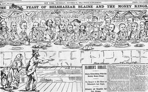 Ajalehe The World 1884. aastast pärinev karikatuur, mis kujutab eliiti almust paluvate kehvikute nina ees prassimas.