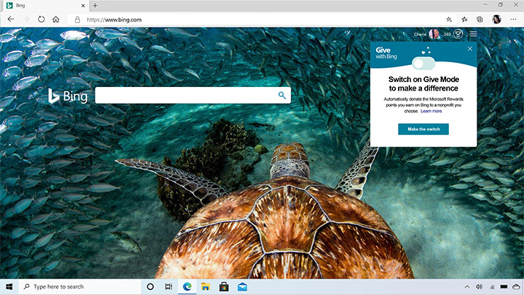Microsoft Edge'i brauseriaknas kuvatakse Bingi otsingumootor koos vee all oleva kilpkonna fotoga.