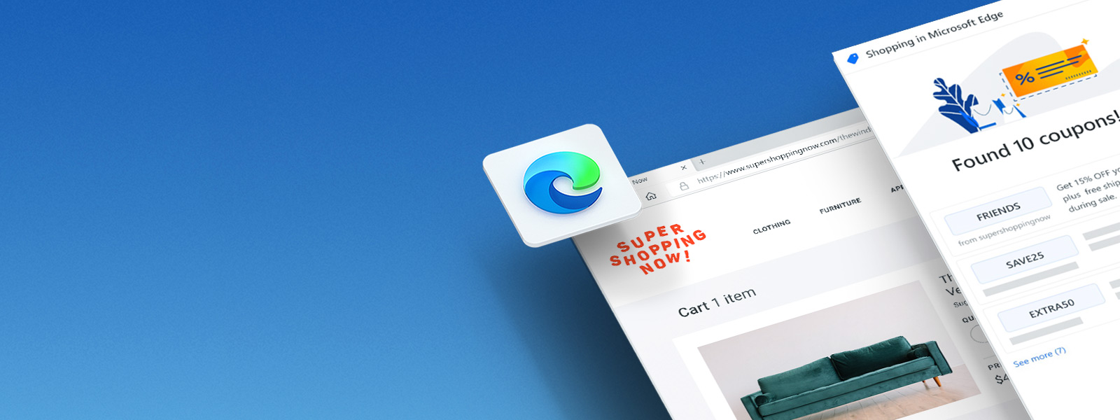 Microsoft Edge’i brauseri aken, kus kuvatakse ostlemise veebileht ja kupongi tööriist