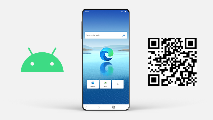 Androidi logo Androidi telefoni kõrval, milles on avatud Microsoft Edge ja kuvatud QR-kood.