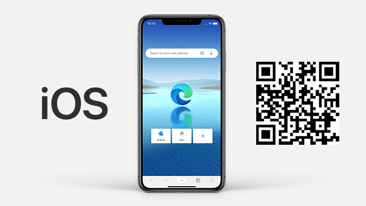 : iOS-i logo iPhone’i kõrval, milles on avatud Microsoft Edge ja kuvatud QR-kood.