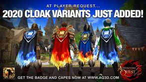Image may contain: people dancing, text that says "AT PLAYER REQUEST... 2020 CLOAK VARIANTS JUST ADDED! MMXX MMXX MMXX MMXX ES v GET THE BADGE AND CAPES NOW AT WWW.AQ3D.COM ADVENTURE UEST"