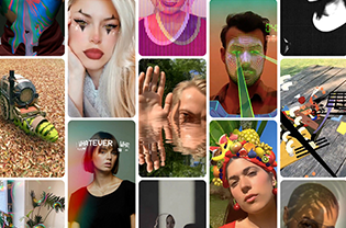 ="Grid collage of human faces with various filters"