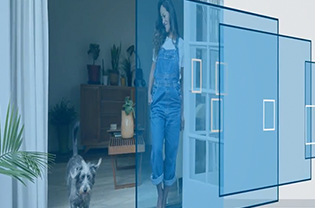 ="Simulated images of a woman and a dog on blue screens"