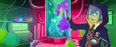 A green school child holding a potion in a lab (cartoon).