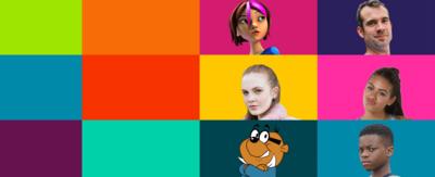 Various CBBC characters are arranged on a colourful tiled background.