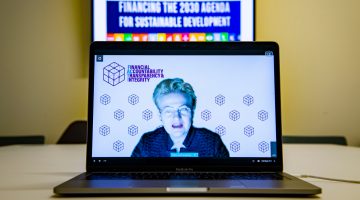 Dalia Grybauskaite, Former President of Lithuania, FACTI Co-chair, briefs reporters.