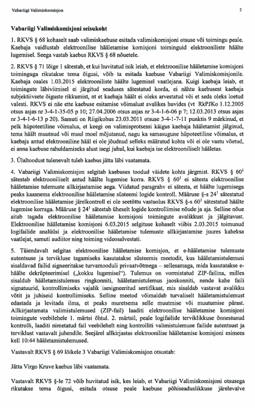 Valimiskomisjoni selgitused, miks nad jätsid kaebuse läbi vaatamata.