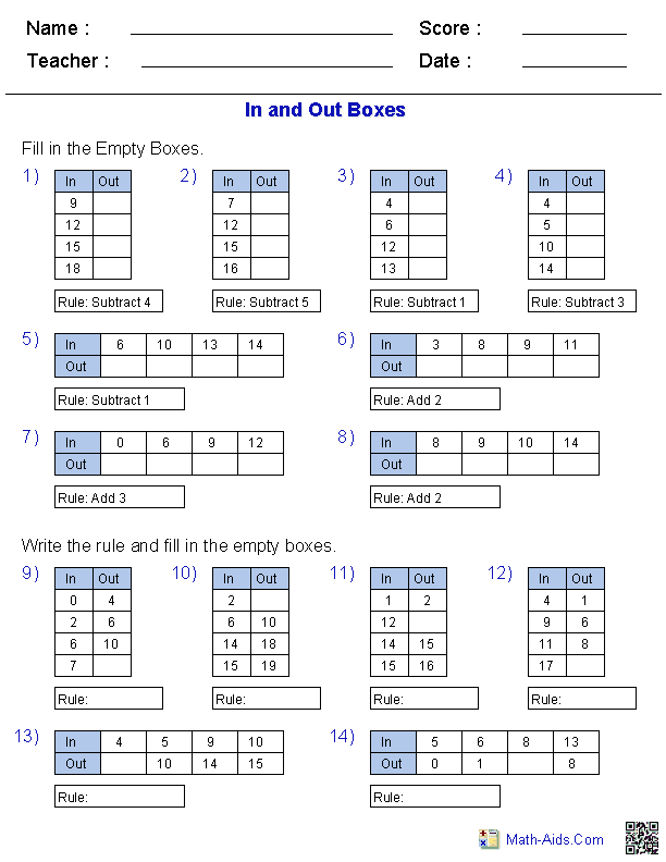In and Out Boxes Worksheets