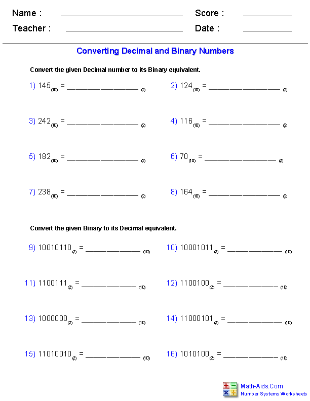 Number Systems Worksheets