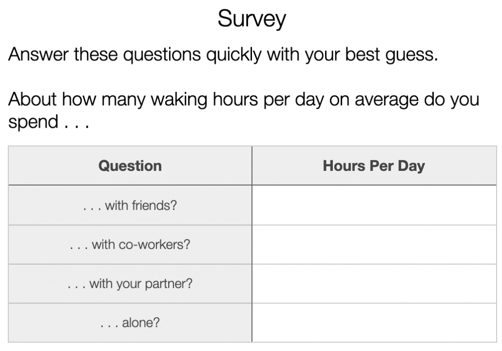 A table asking students to describe their OWN time usage.