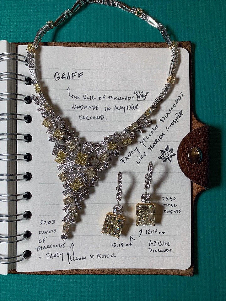 Graff’s diamond and fancy yellow diamond necklace and diamond earrings.