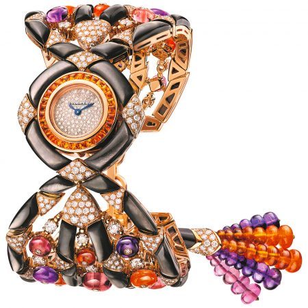 Gemma Bulgari watch with 18 kt rose gold case set with buff-cut spessartite, brilliant cut-diamonds and black mother-of-pearl elements, snow pavé dial, 18 kt rose gold bracelet set with tourmaline, spessartite and amethyst beads, black mother-of-pearl elements and brilliant-cut diamonds