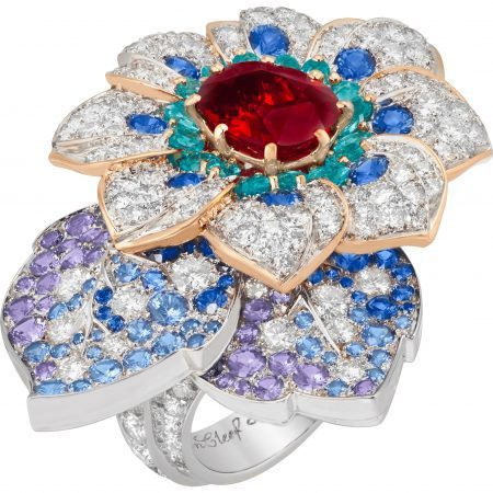 “Azalée d’Orient” ring from the “Treasure of Rubies” collection featuring a 3.58-carat cushion-cut ruby, blue and mauve sapphires, green tourmalines and diamonds set in 18K white and pink gold by Van Cleef & Arpels