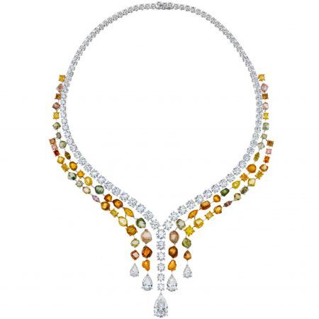 De Beers Jewellers high jewelry Vulcan necklace featuring three cascading lines of polished round diamonds, fancy colour diamonds and beautiful rough diamonds with five pear-shaped diamond drops