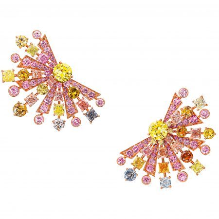 Radiating outwards from two round Fancy Vivid Yellow diamonds, these fabulous fan shape earrings feature rows of multi-coloured round and cushion cut diamonds totalling more than 27 carats in a captivating array of hues