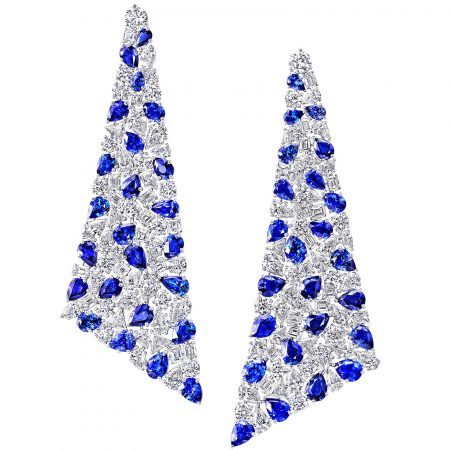 Graff high jewellery sapphire and diamond earrings set with an arresting 47.39 carats of sapphires and 52.24 carats of diamonds, the intricate web of stones is held in place by settings that are almost invisible to the eye, ensuring that the stones are the stars