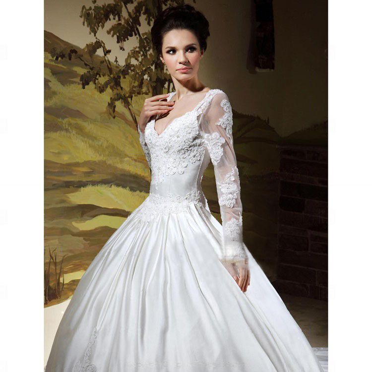 High end V-neck Embroidery Long Sleeves Ball Wedding Dress [16ea]