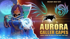 Image may contain: text that says 'HOLIDAY DAILY GIFT AURORA CALLER CAPES DROPS FROM THE BALL IN THE NEW YEAR map www.AQ.cOM'