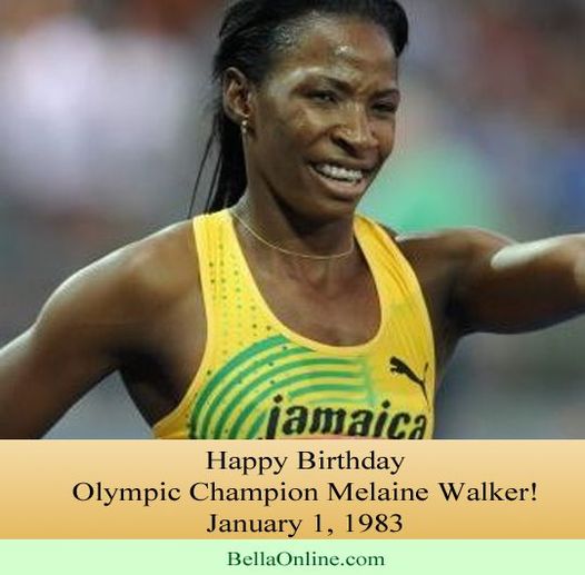Image may contain: 1 person, smiling, text that says 'jamaica Happy Birthday Olympic Champion Melaine w Valker! January 1, 1983 BellaOnline.com'