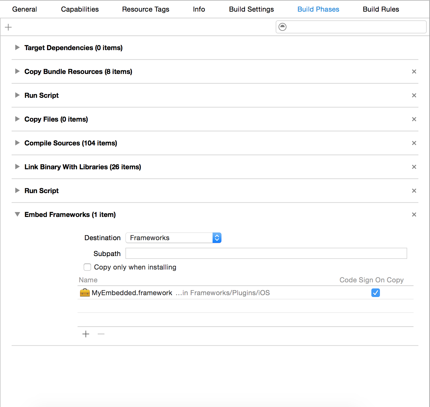 build step for embedding frameworks added