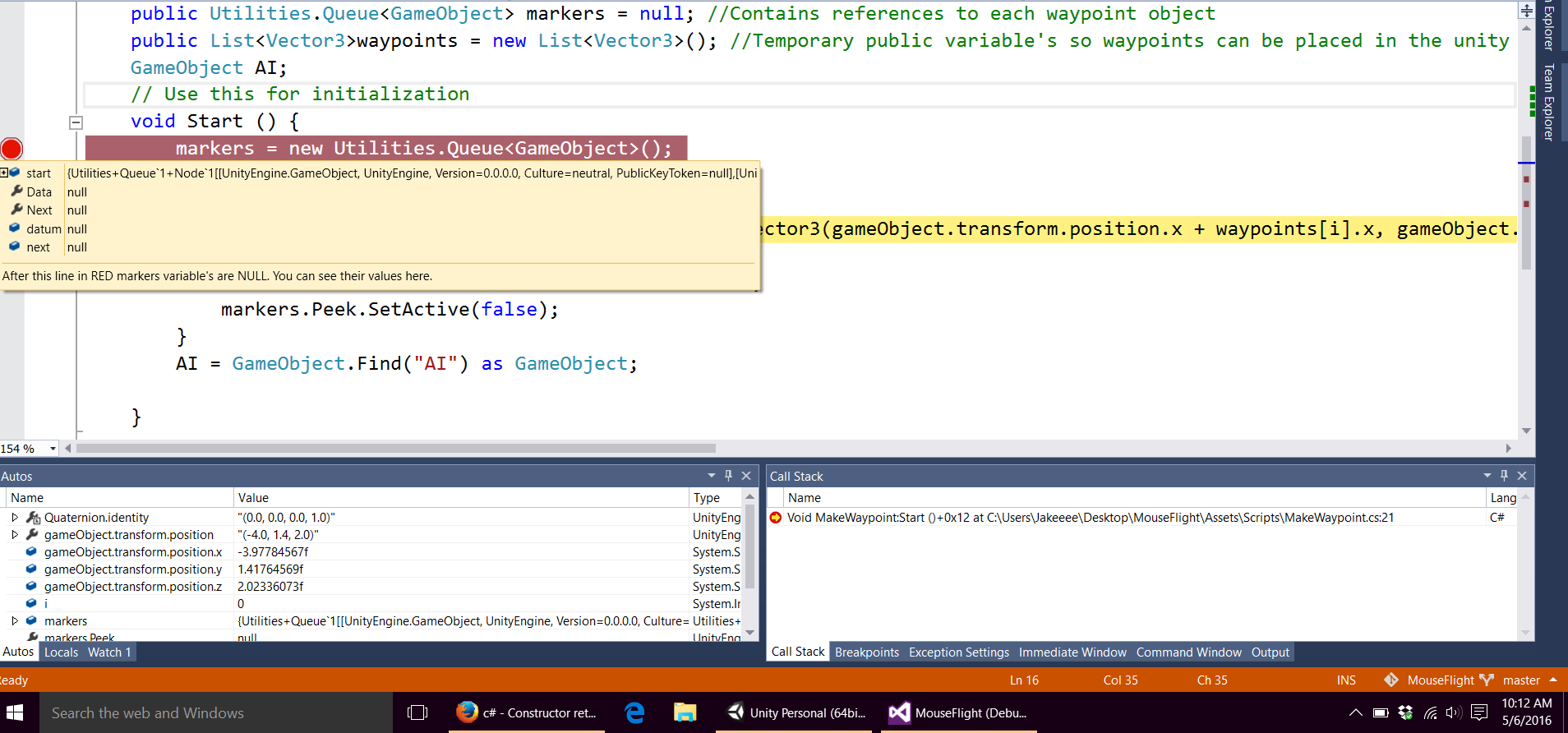 A picture of the code in the midst of being debugged, showing the null values on each data member