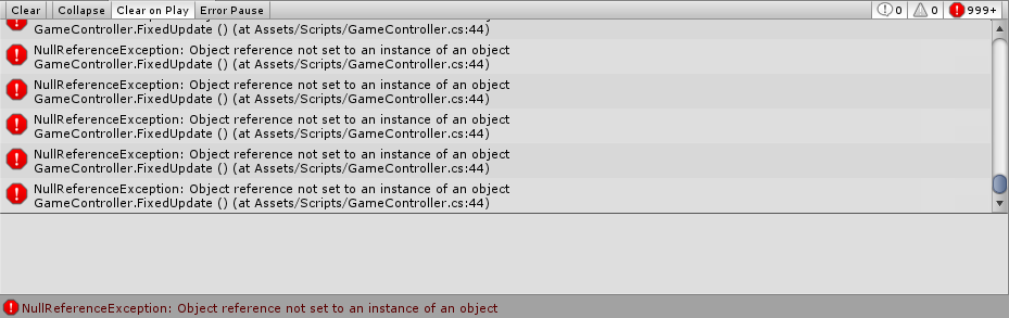 NullReferenceException: Object reference not set to an instance of an object (GameController.cs:44, FixedUpdate())