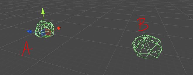 Two colliders (A, B), obviously seperated in world space.