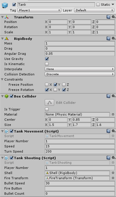 Inspector settings for Tank prefab