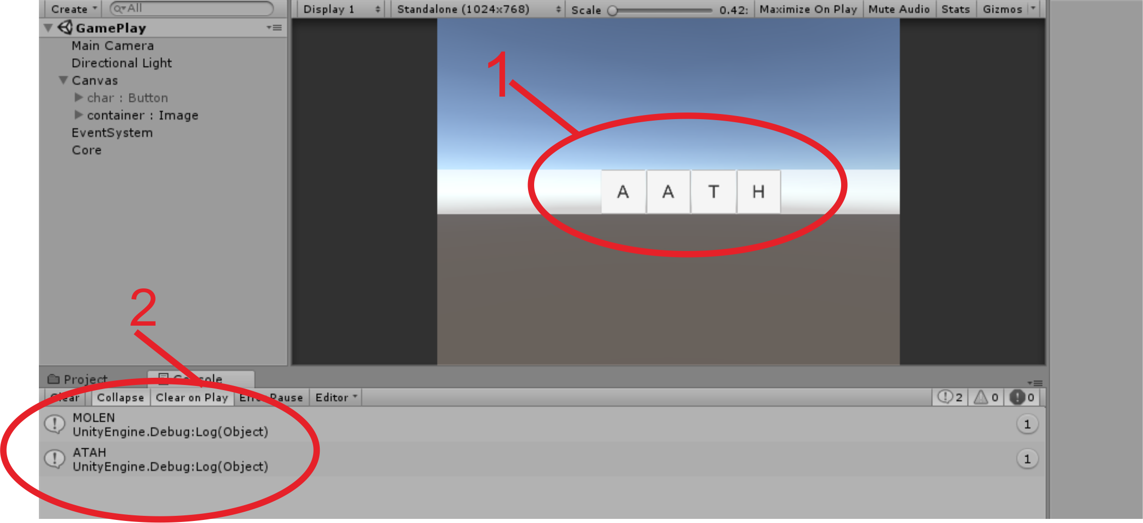 no.1 is result when i try to run it into unity...there still scramble the one word only......No.2 is what i split script made for try place the words into container but it still not placed ...