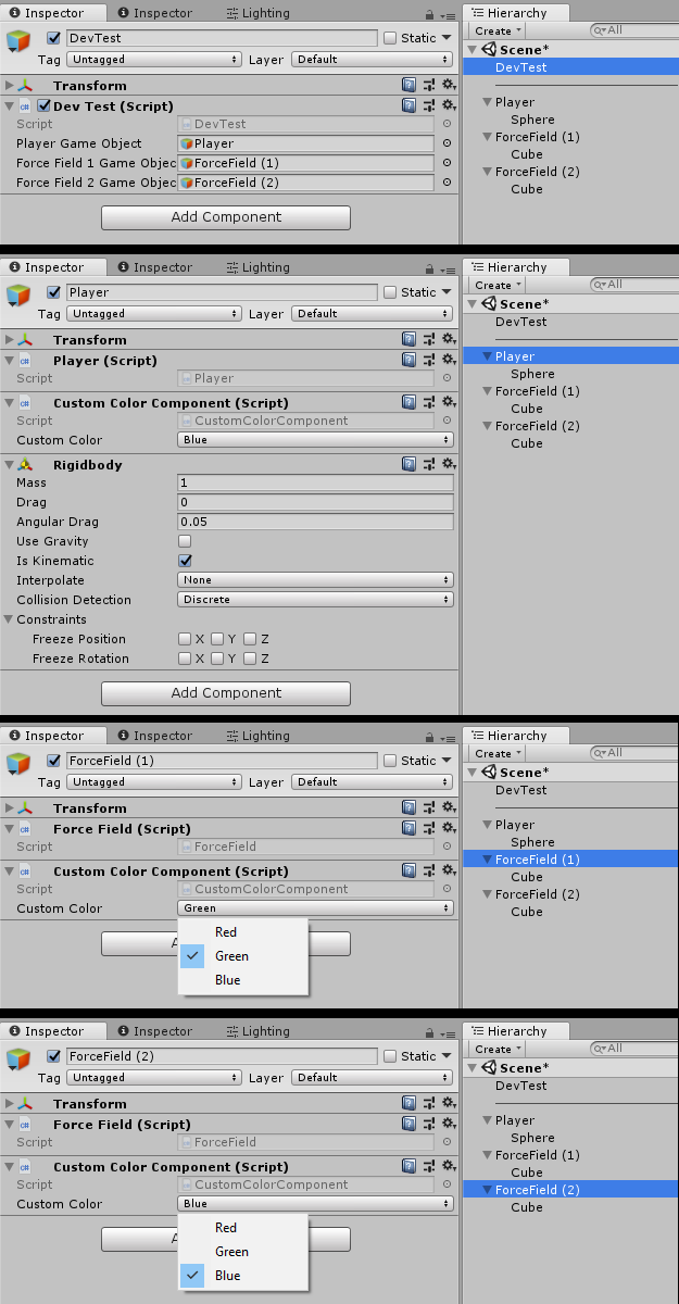 Screenshots of DevTest, Player and ForceFields