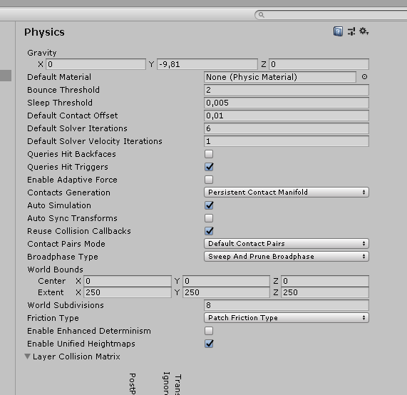 Image containing my configurations for the physics preferences in Unity