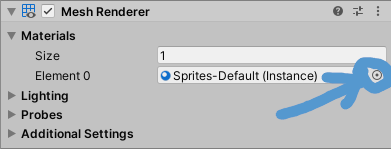 Screenshot of a Mesh Renderer component in the Unity game engine, with the material selection field indicated by an arrow.