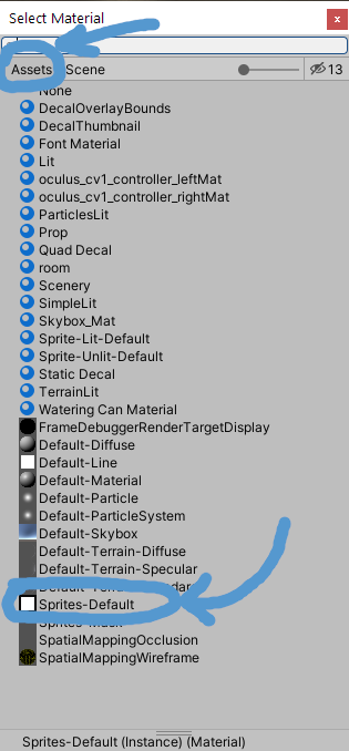 Screenshot of the Select Material window in the Unity game engine. Arrows indicate the 