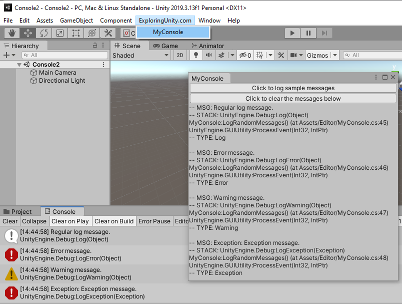 A custom editor window that copies debug log messages.