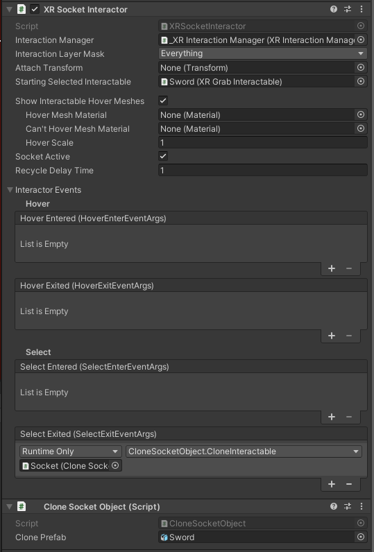 Unity inspector showing configuration for cloning objects on the Select Exited event