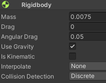 Die Rigidbody - 0.0075kg, 0 drag, 0.05 angular drag