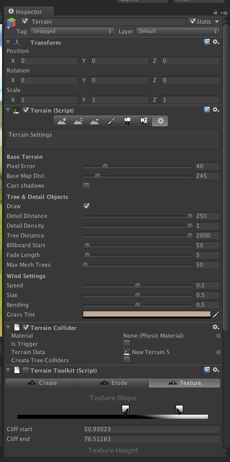 Additional terrain settings. Note that detail distance and density are at max to ensure grass isn't culled.