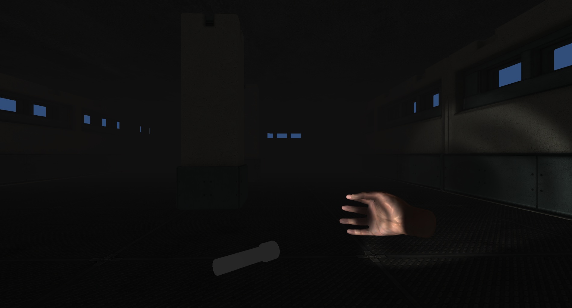 CG Image of a flashlight pointing at a hand. The hand is not throwing a shadow