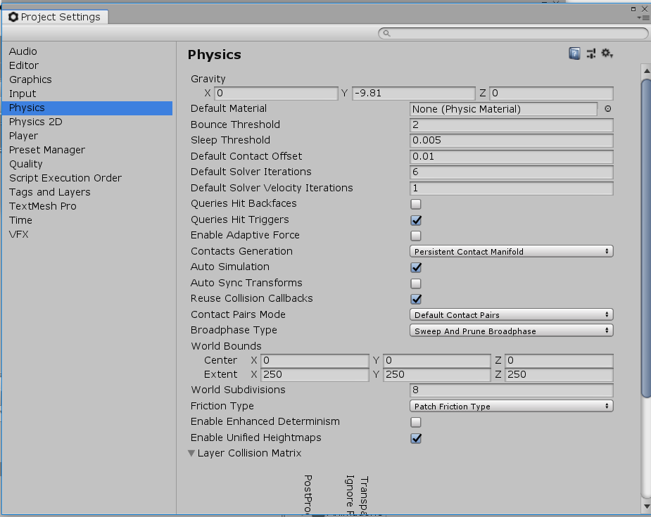 Project Setting Physics Window