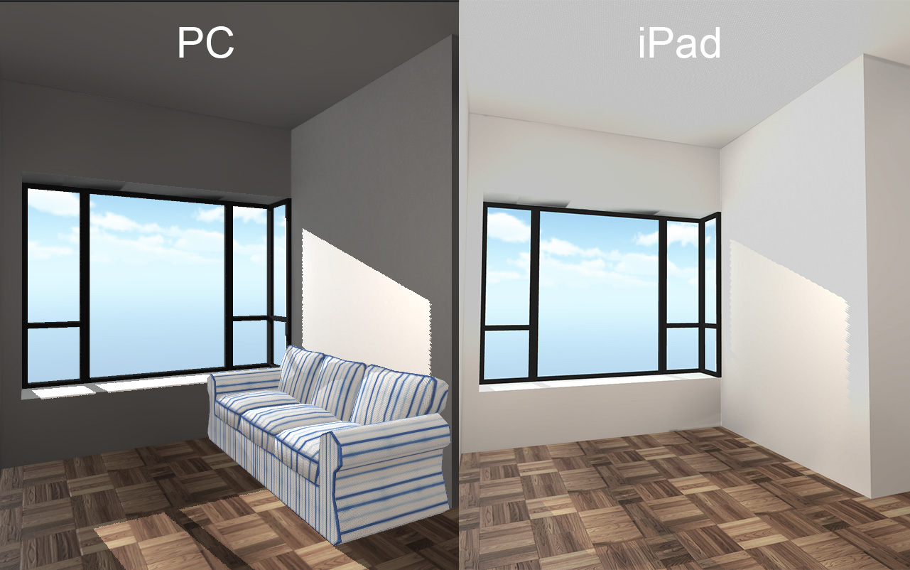 This scene is baked in unity with Dual Lightmap in Forward Rendering Path. The whole scene has just one Directional light with realtime shadow, other lights are baked only. The left pic is the final result in PC window. But when I build it into iPad, it shows as the right one. You can see the shadow become lighter and the color of the wall and ceiling seems washed out. Why is there so big difference? Is it because the gamma correction or something else? How can I solve this problem? Thanks very much!!