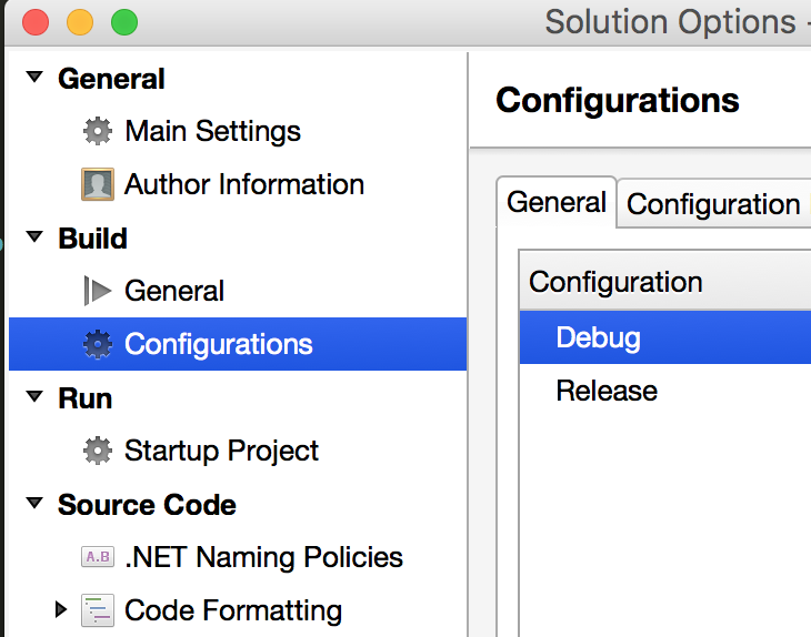 Solution Options --> Build --> Configurations --> General