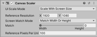 Unity Canvas Scaler component. Screen Match Mode set to Match Width or Height