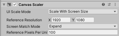 Unity Canvas Scaler component. Screen Match Mode set to Expand